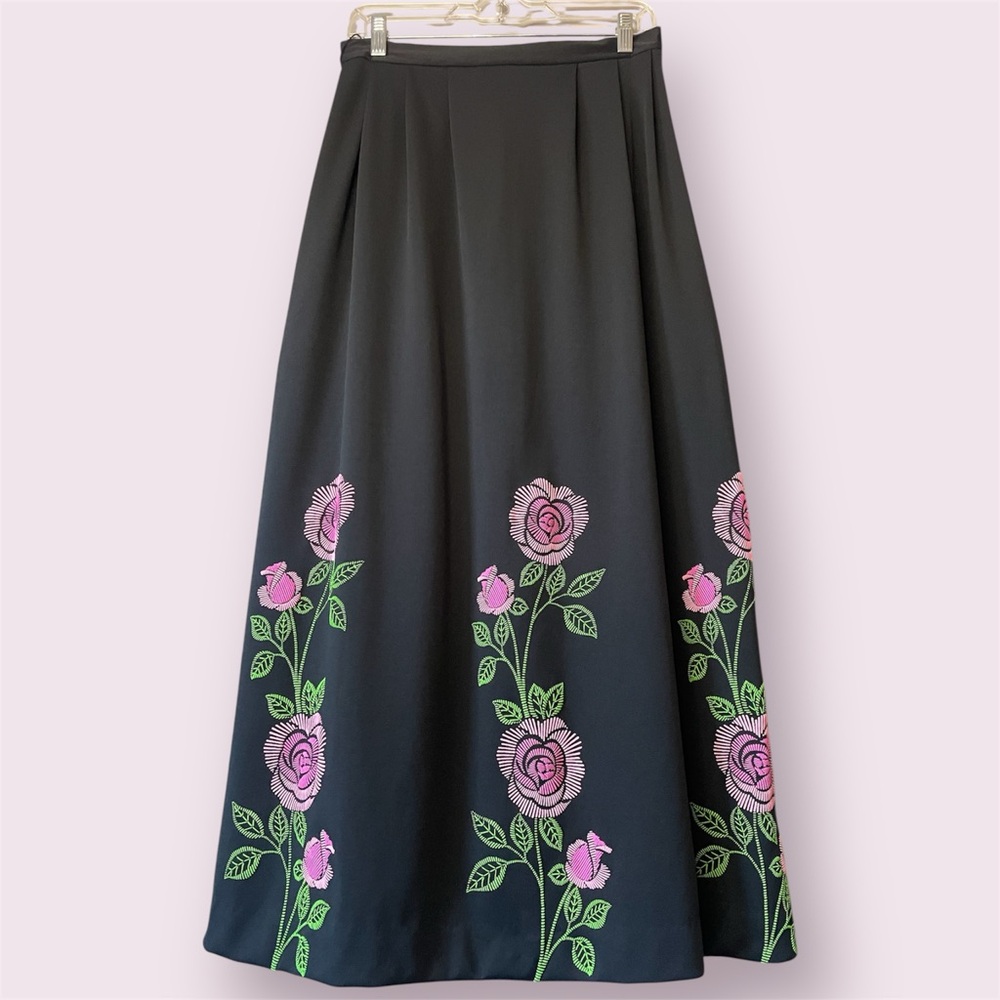 Vintage 1970’s Miss Shaheen Black w/ Pink Florals Maxi Skirt | Waist Size 29